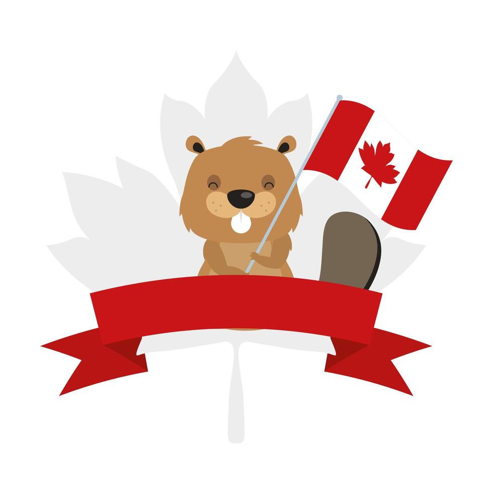 Castor canadiense con bandera para el diseño del vector del feliz día de Canadá