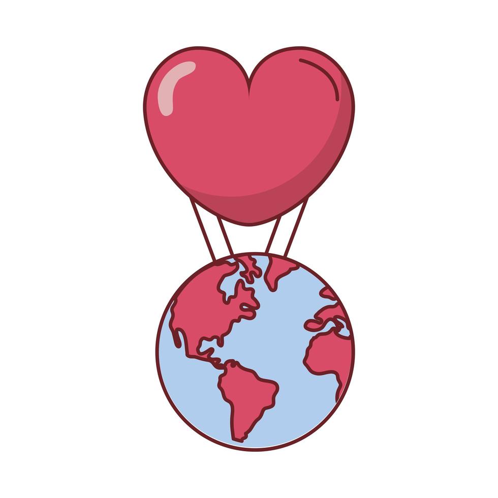 Corazón de amor con diseño de vector de globo de aire caliente mundial