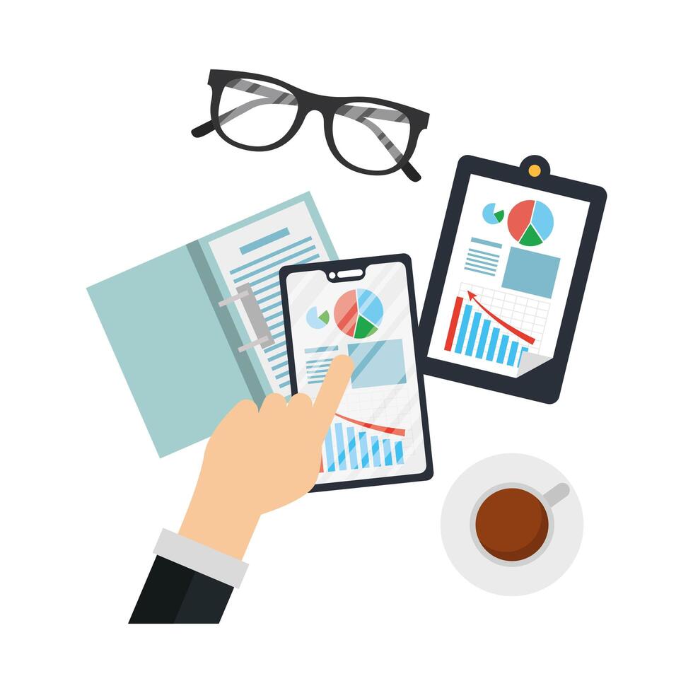 Hands holding smartphone with infographic vector design