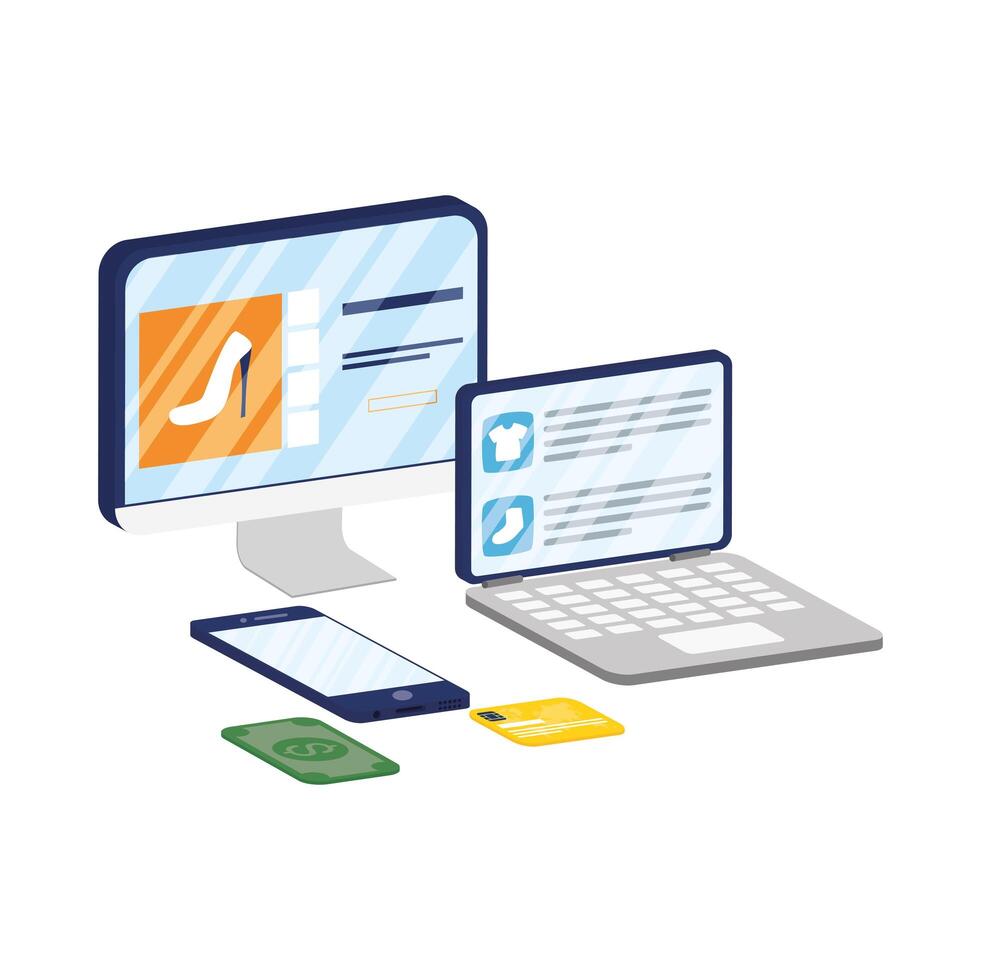 desktop and laptop with smartphone ecommerce technology vector