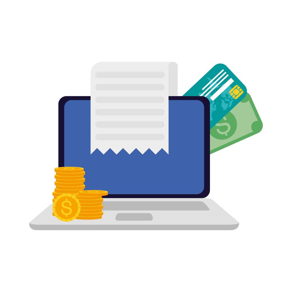 laptop with coins, credit card, bills and receipt vector design