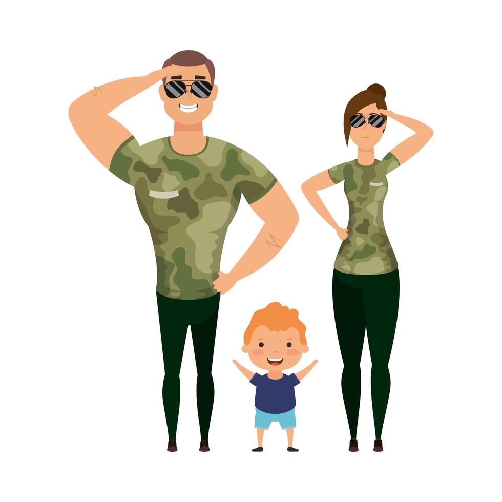 madre, padre e hijo con camisetas de camuflaje y gafas de diseño vectorial vector