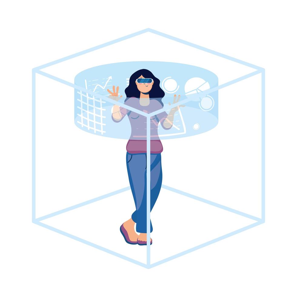 Mujer con tecnología de realidad virtual en pantalla interactiva. vector