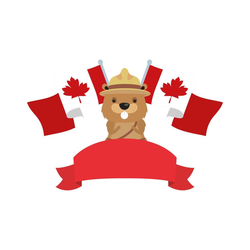 Castor canadiense con sombrero y banderas de Canadá para el diseño vectorial del feliz día de Canadá vector