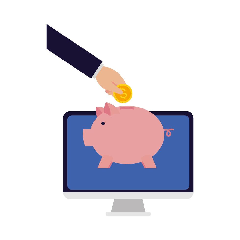 hand dropping a coin into a digital piggy bank vector