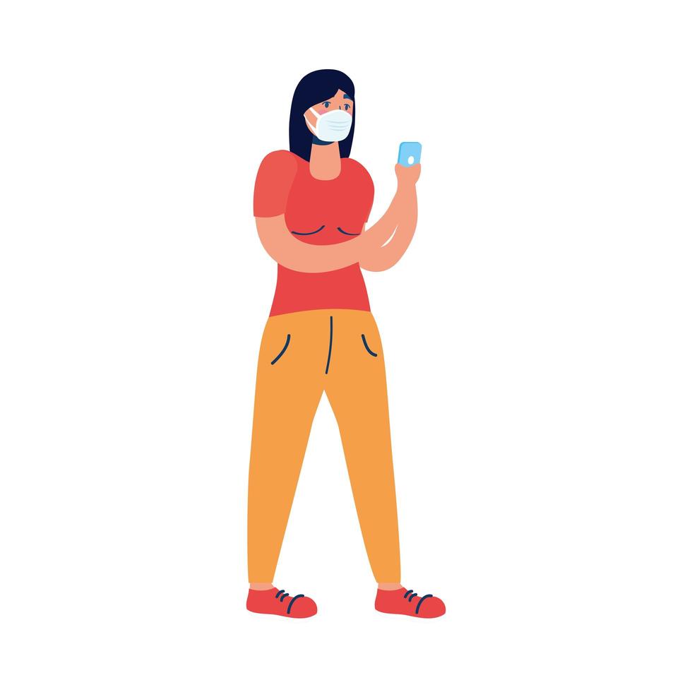 young woman using medical mask and smartphone vector