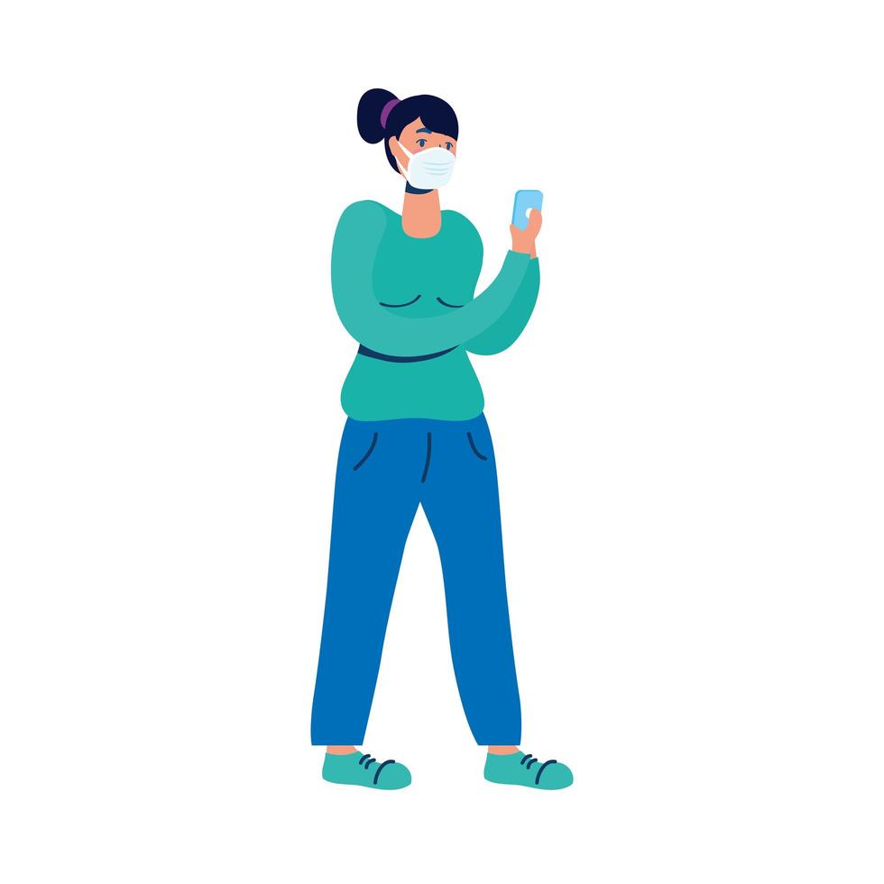 young woman using medical mask and smartphone vector