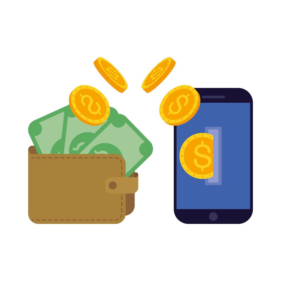 Bills and coins moving from wallet to smartphone vector