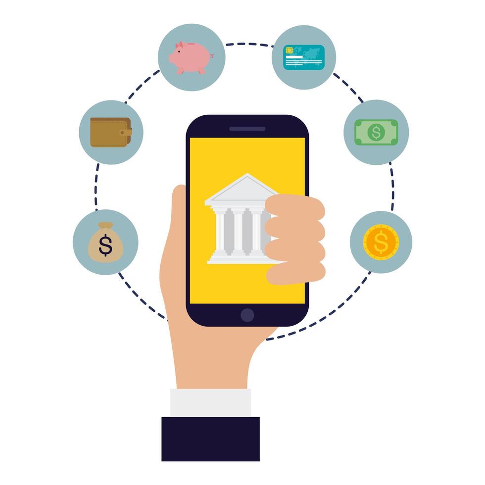 Hand holding smartphone with bank icons vector design