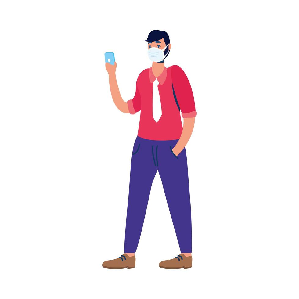 young man using medical mask with smartphone vector