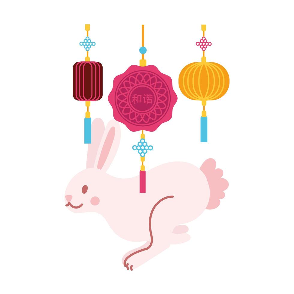 mid autumn festival card with rabbit and lace hanging flat style icon vector