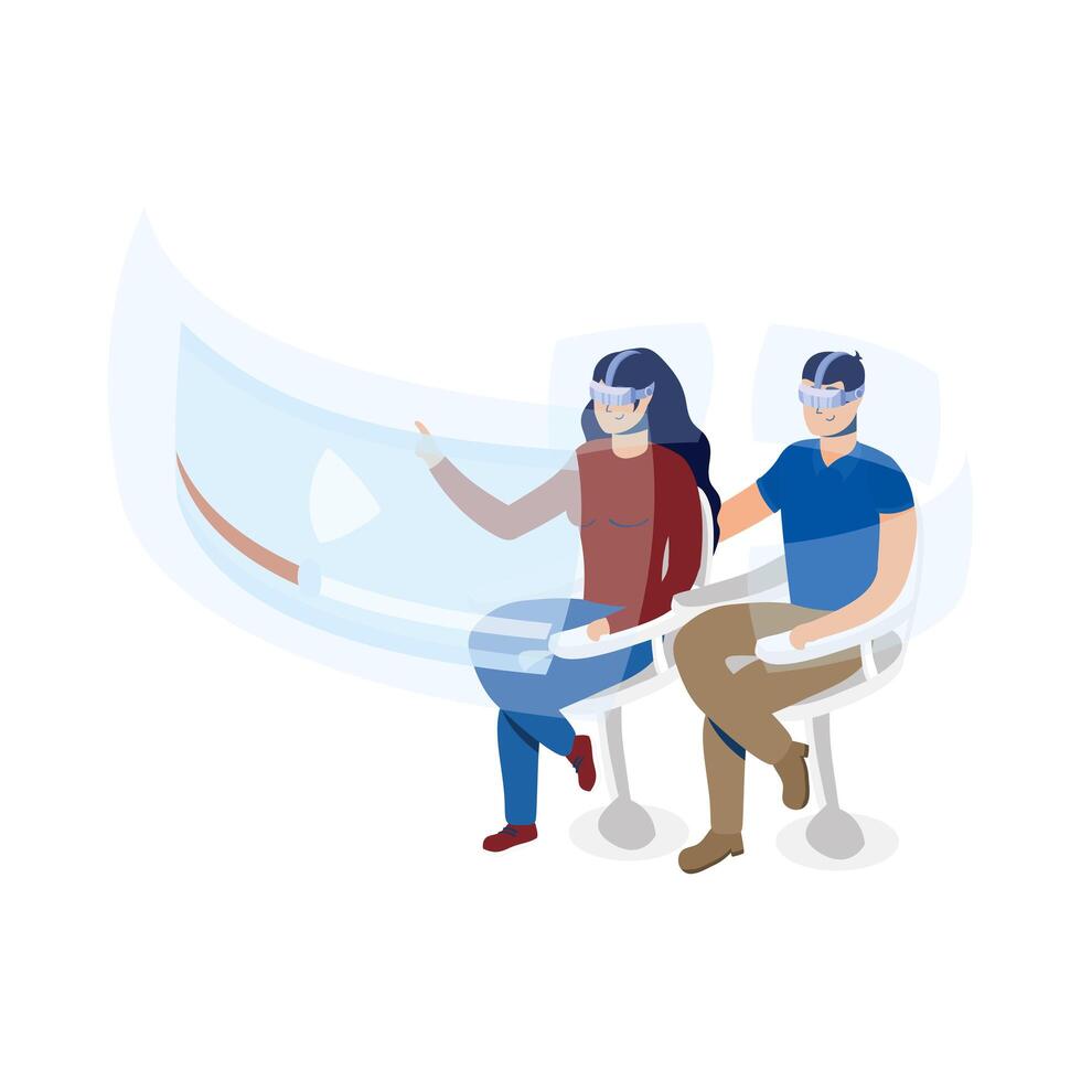 couple using virtual reality in chair with interactive display vector