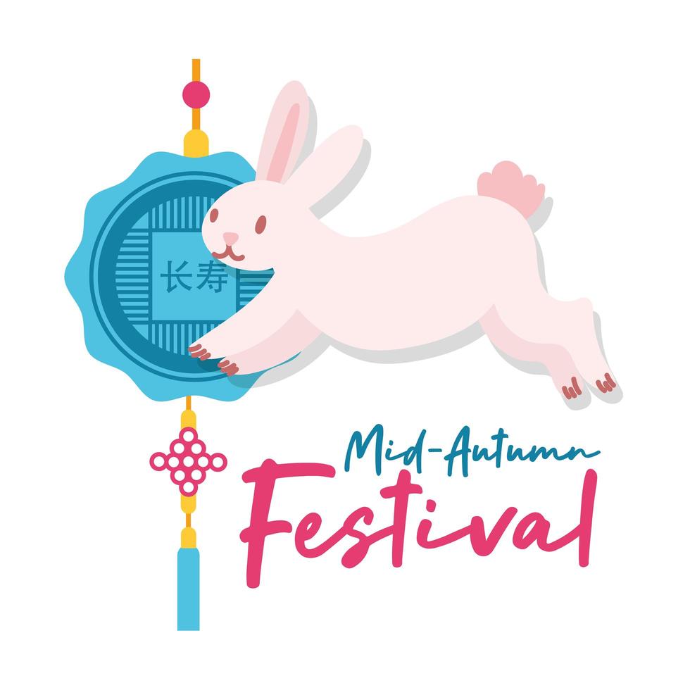 mid autumn festival card with rabbit and lace hanging flat style icon vector