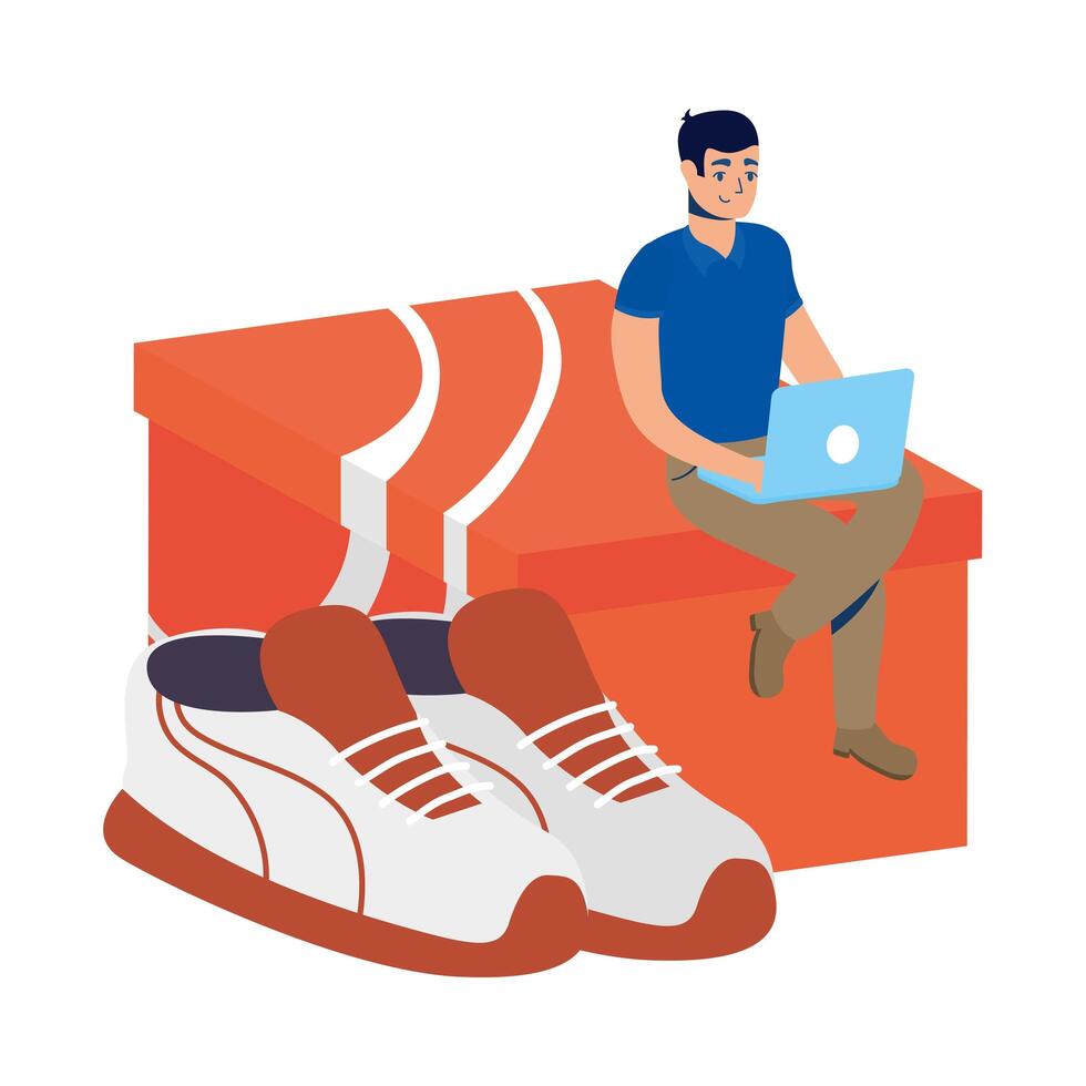 online ecommerce with man using laptop buying tennis shoes vector
