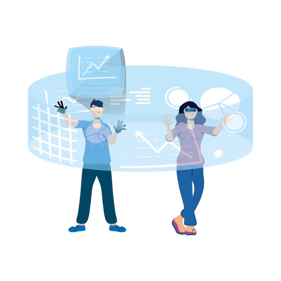 couple using virtual reality tech in interactive display vector