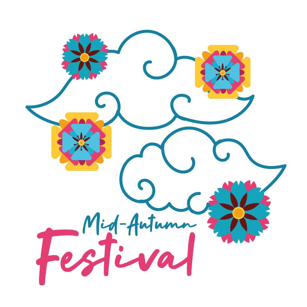 tarjeta del festival del medio otoño con nubes y flores icono de estilo plano vector