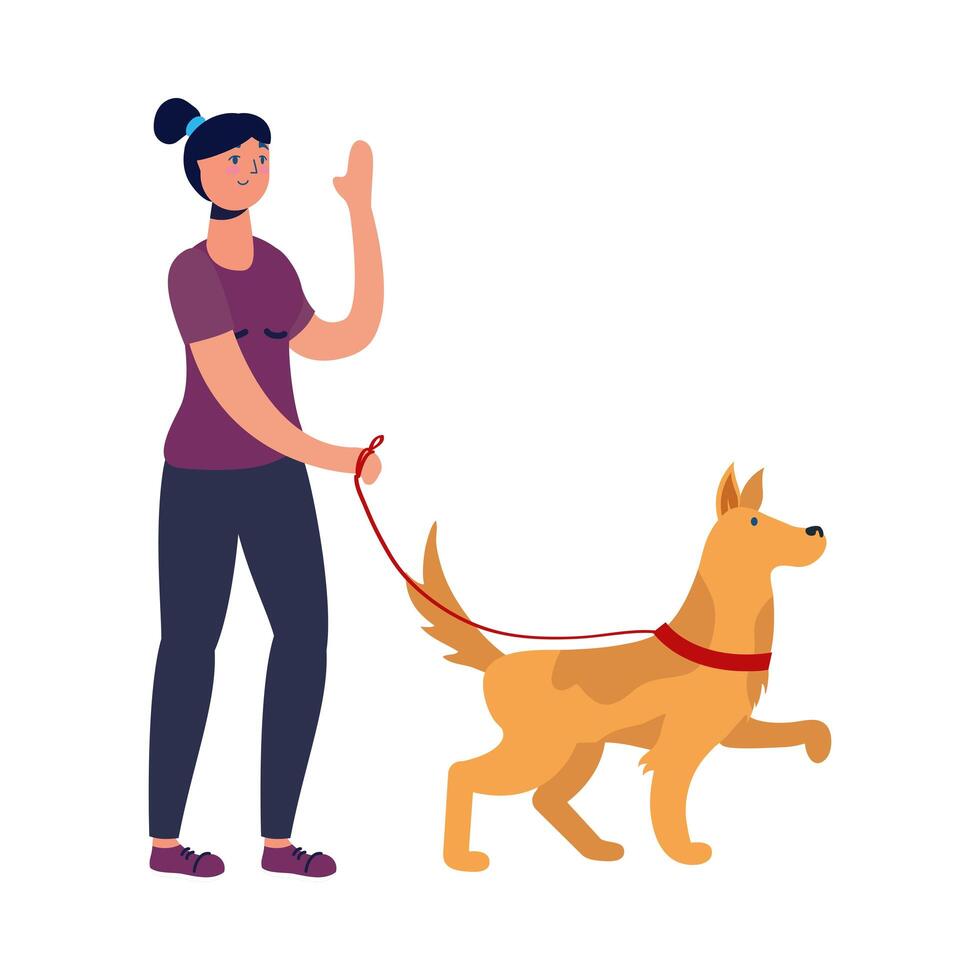 young woman walking with dog vector