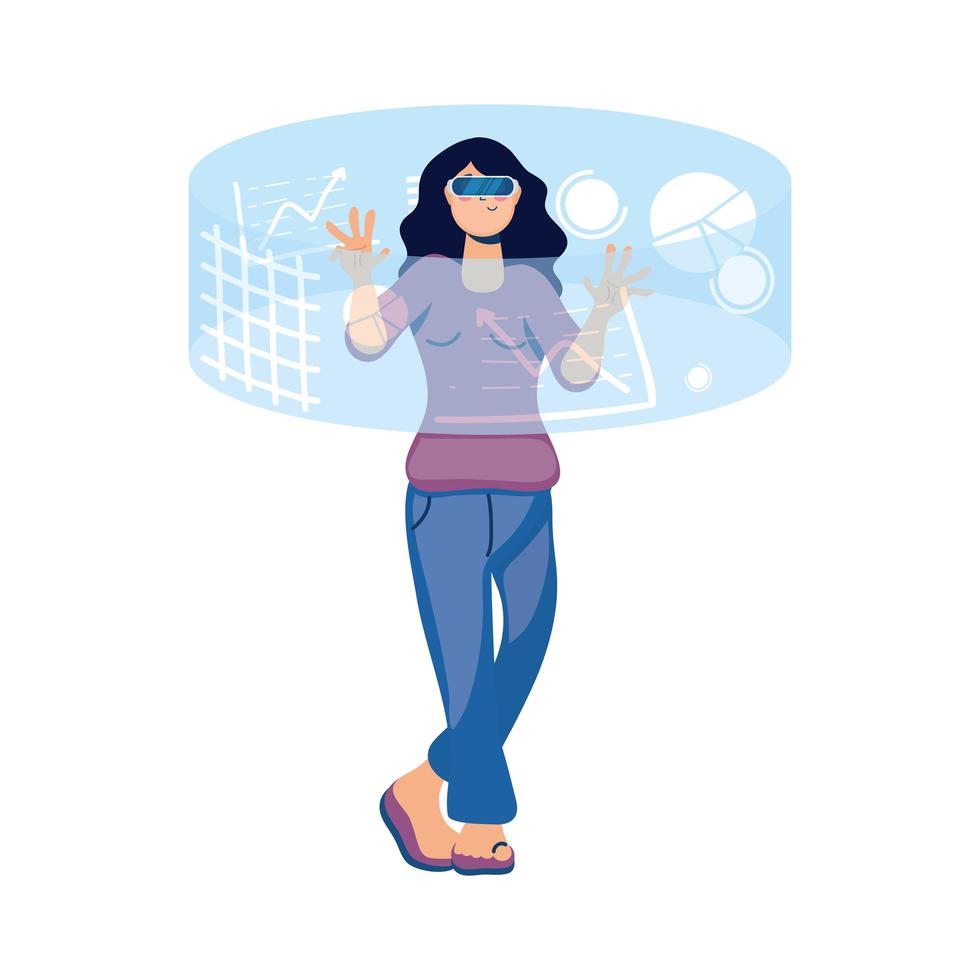 Mujer con tecnología de realidad virtual en pantalla interactiva. vector