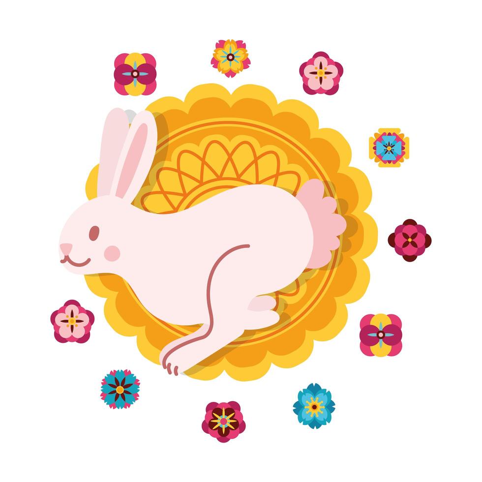 tarjeta del festival del medio otoño con icono de estilo plano de conejo y encaje vector