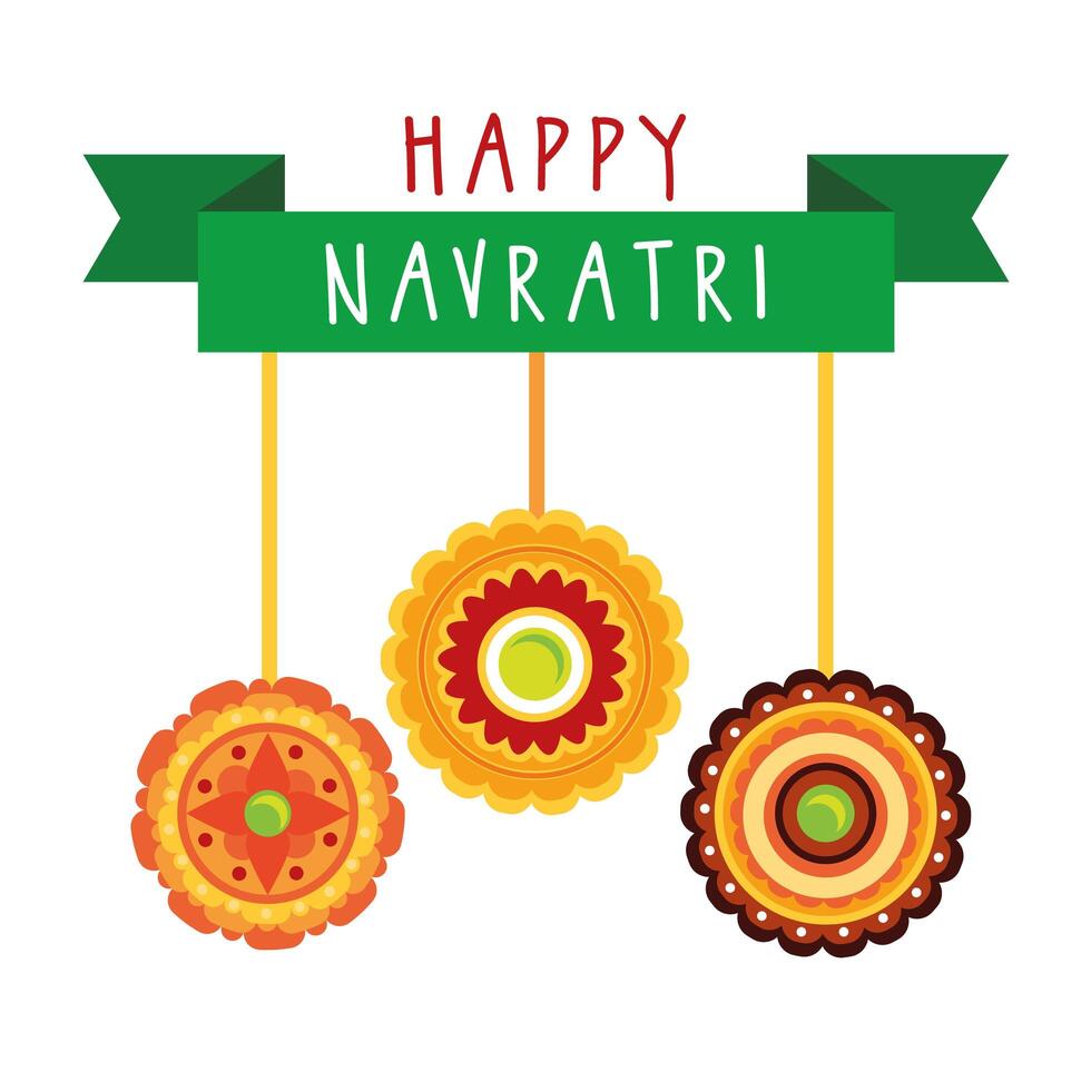 feliz celebración navratri con adornos colgantes estilo plano vector