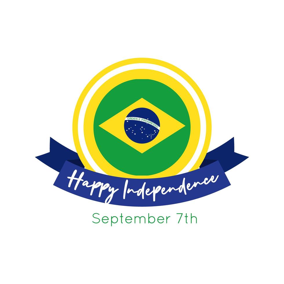 feliz día de la independencia de brasil tarjeta con bandera y marco de cinta estilo plano vector