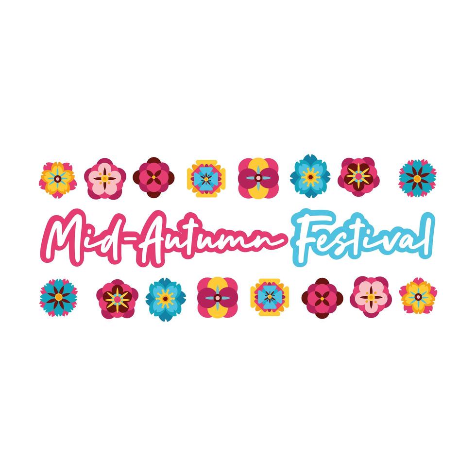 mid autumn festival card with lettering and flowers flat style icon vector