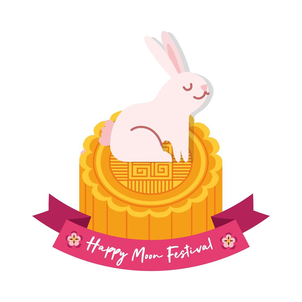 mid autumn festival card with rabbit in seal flat style icon vector