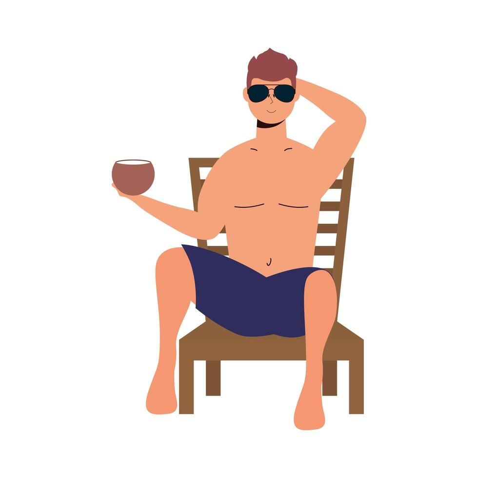 man wearing swimsuit seated on beach chair eating coconut vector