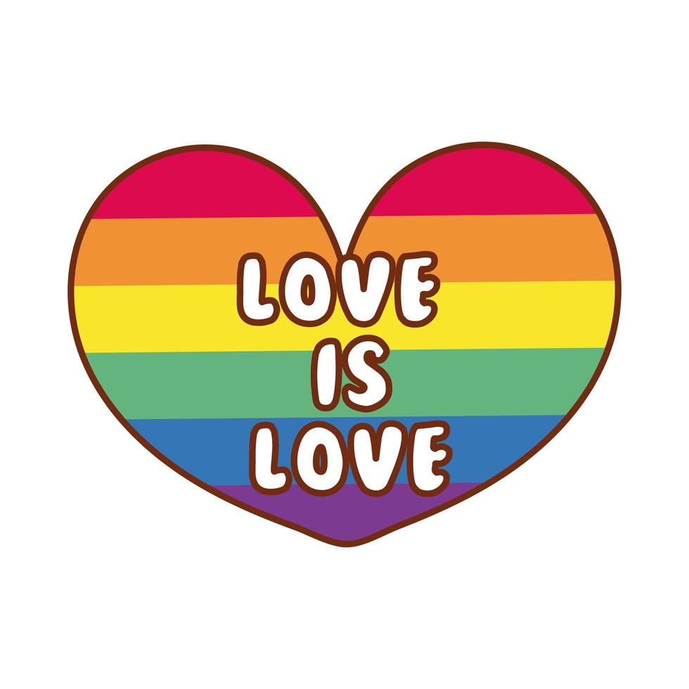 Bandera de la comunidad lgbtiq en el corazón con letras de amor es amor vector