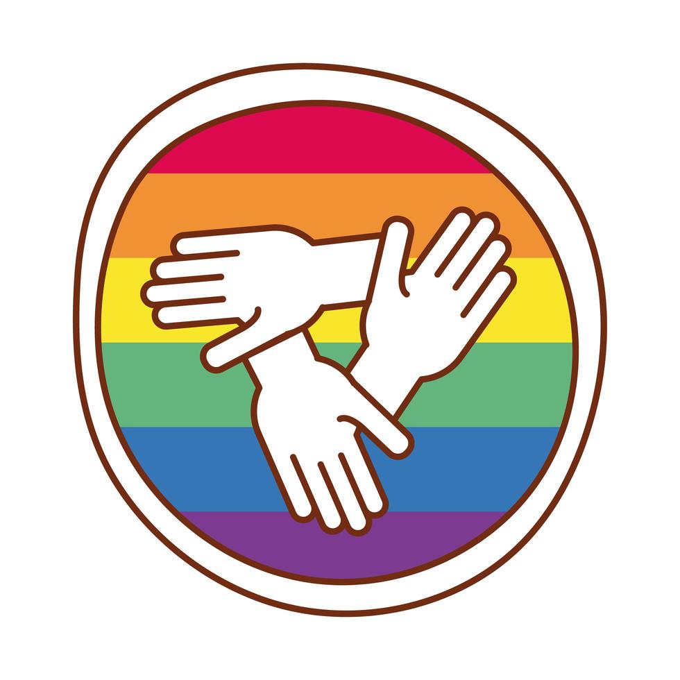 hands in teamwork over gay pride colors vector
