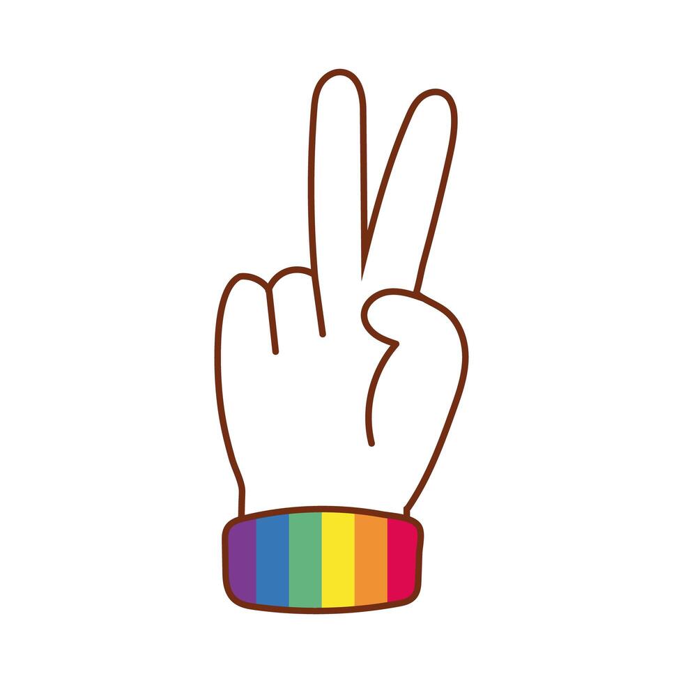 Mano haciendo un signo de paz con los colores del orgullo gay en el manguito vector