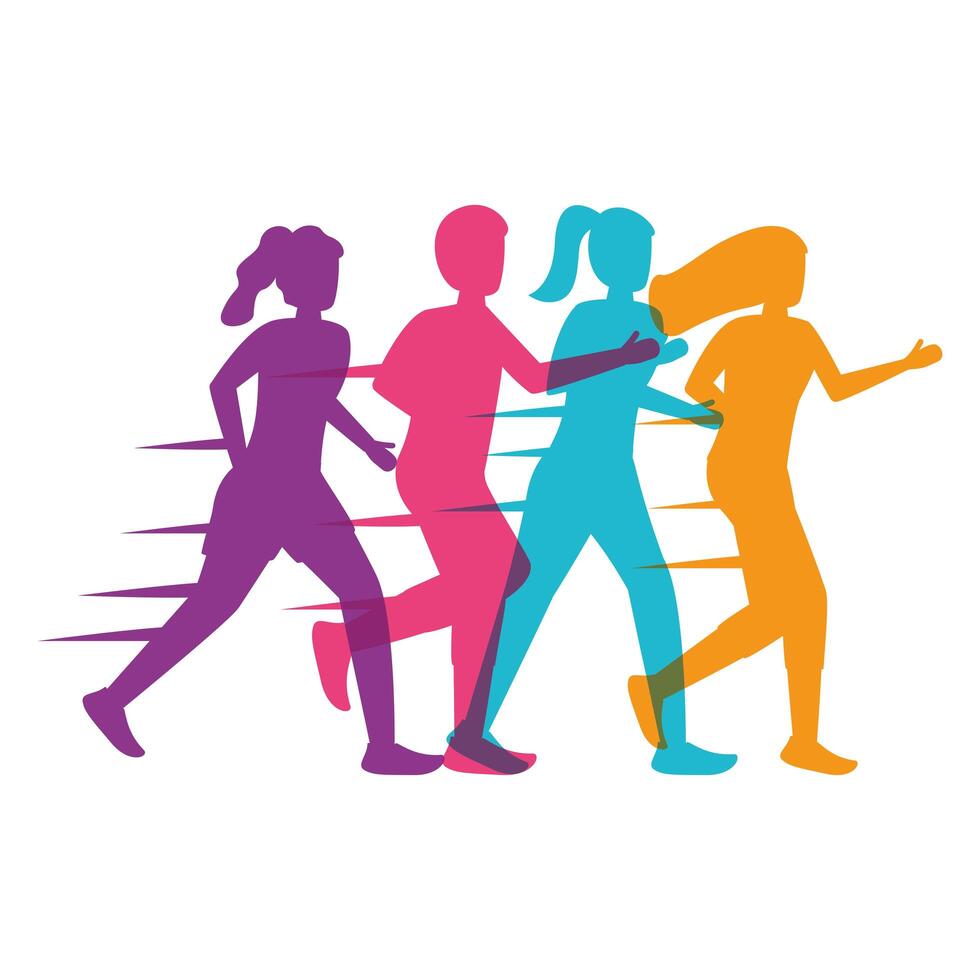 young people silhouettes running vector