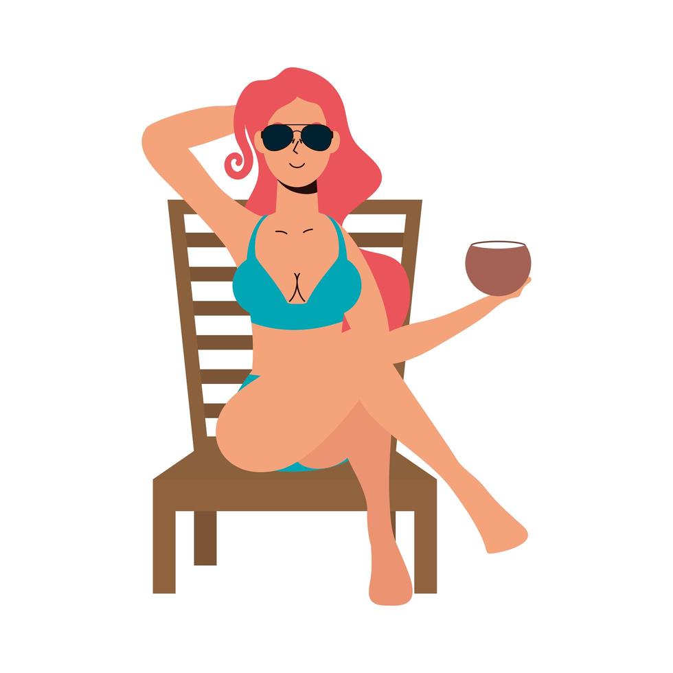 Bella mujer en traje de baño, sentada en una silla de playa y comiendo coco vector