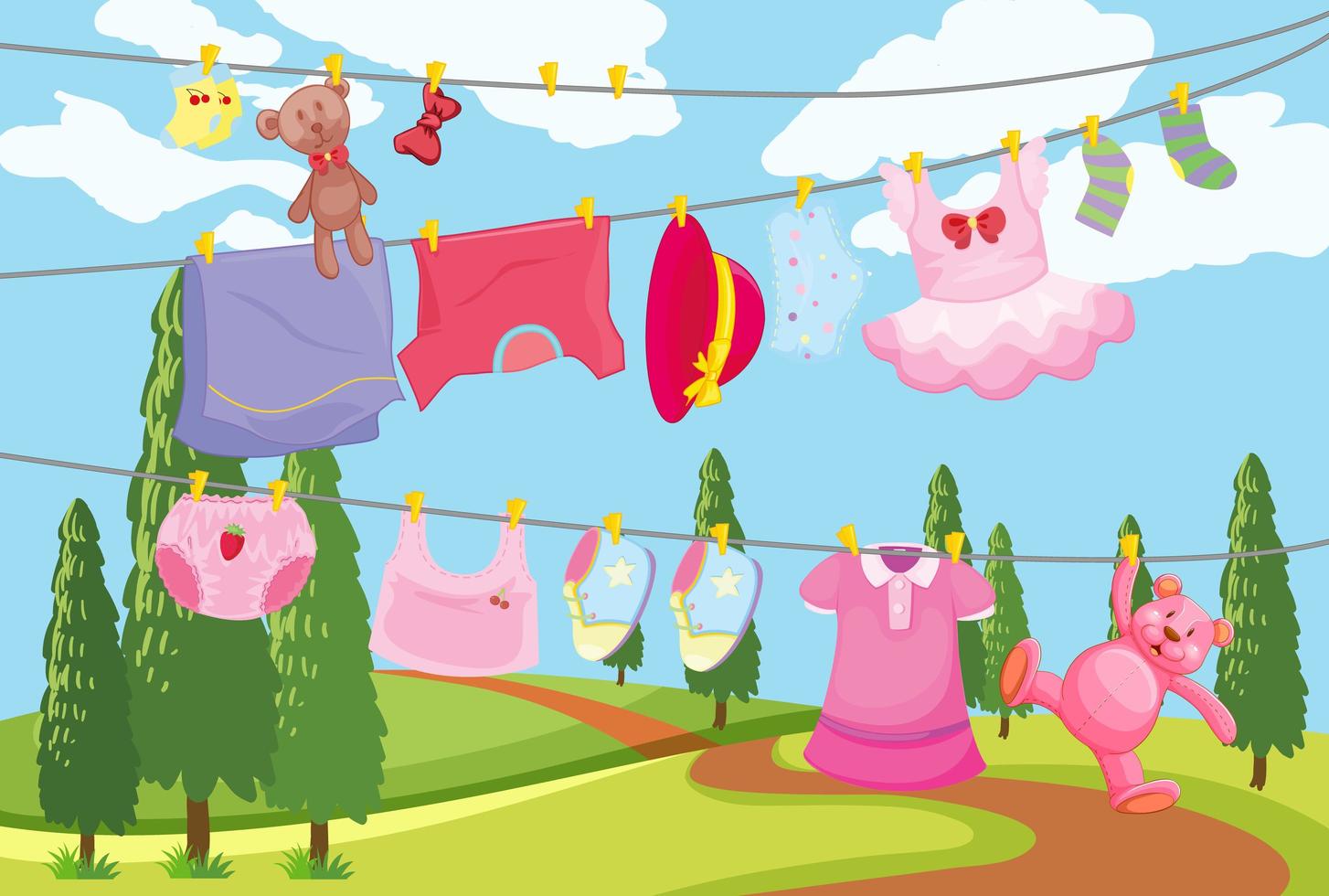 Cute children clothes hanging on a line in the outdoor scene vector