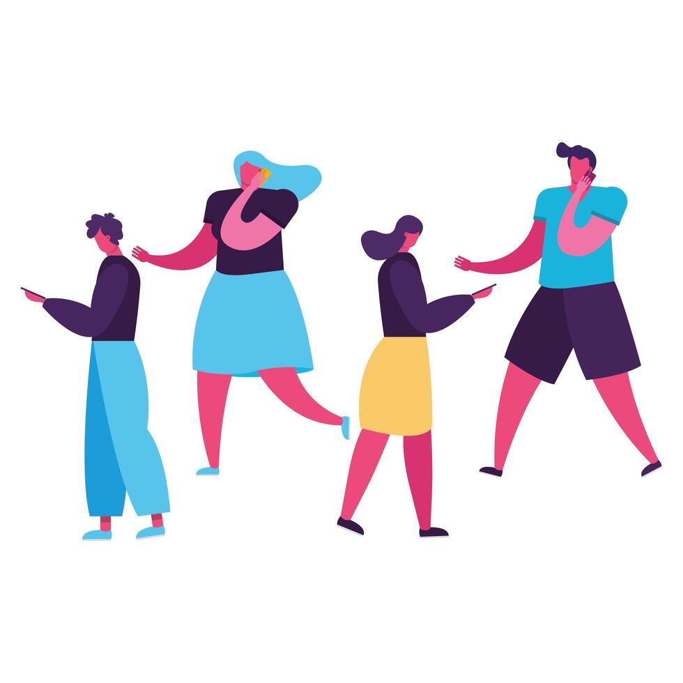 young people walking using smartphones vector