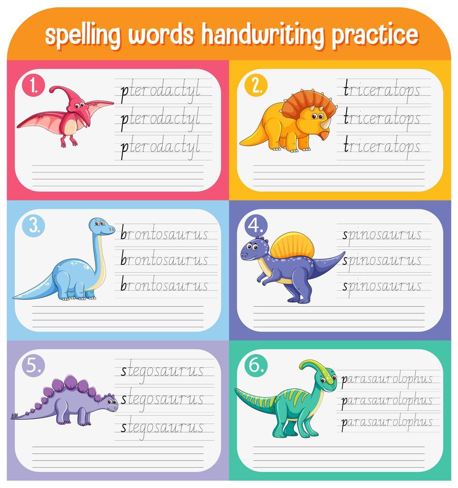 Set of spelling words dinosaur handwriting practice worksheet vector