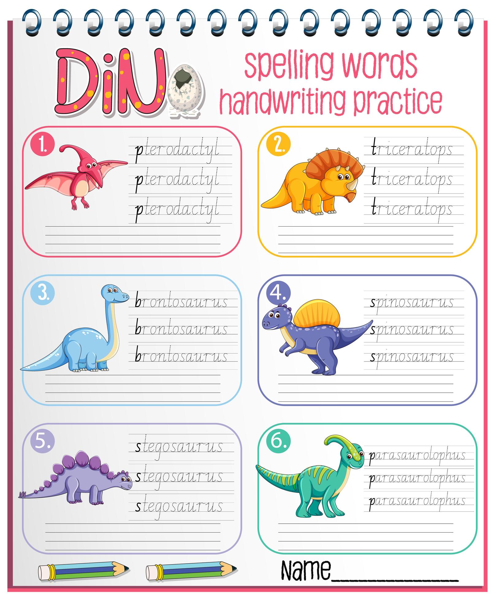 Set of spelling words dinosaur handwriting practice worksheet 1879120
