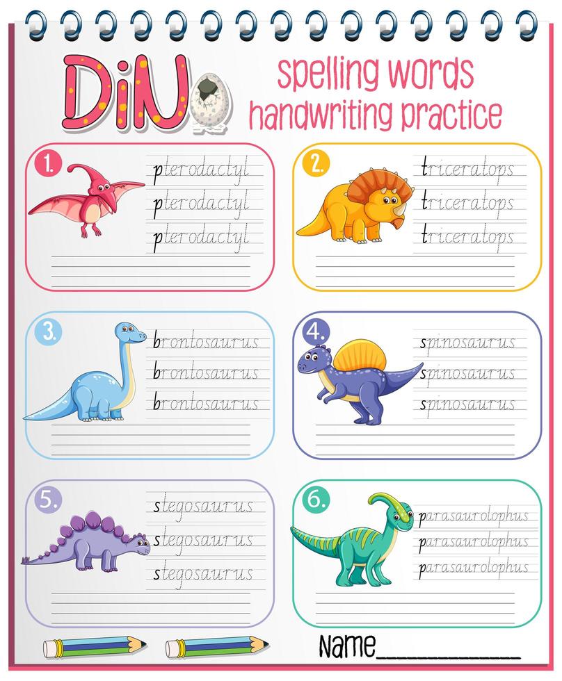 Set of spelling words dinosaur handwriting practice worksheet vector