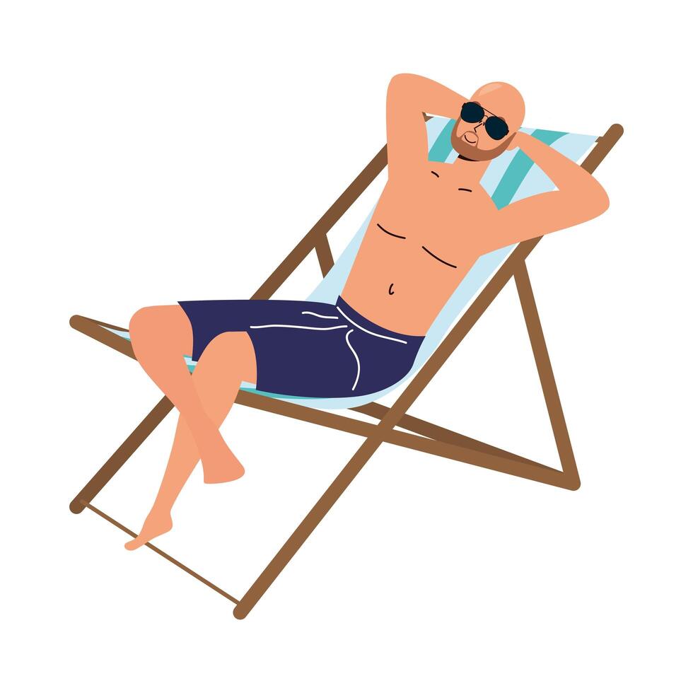 man wearing swimsuit seated in beach chair vector