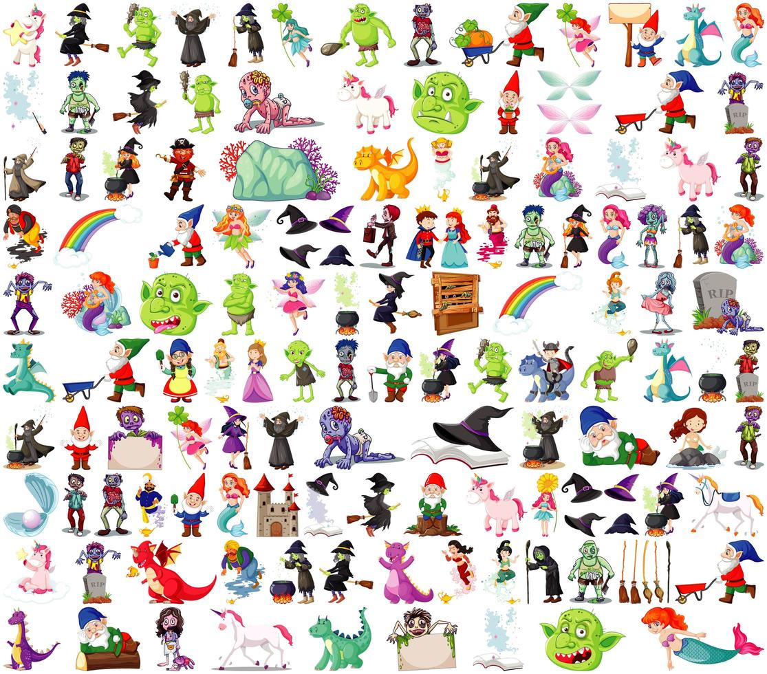Set of fantasy cartoon characters and fantasy theme isolated on white background vector