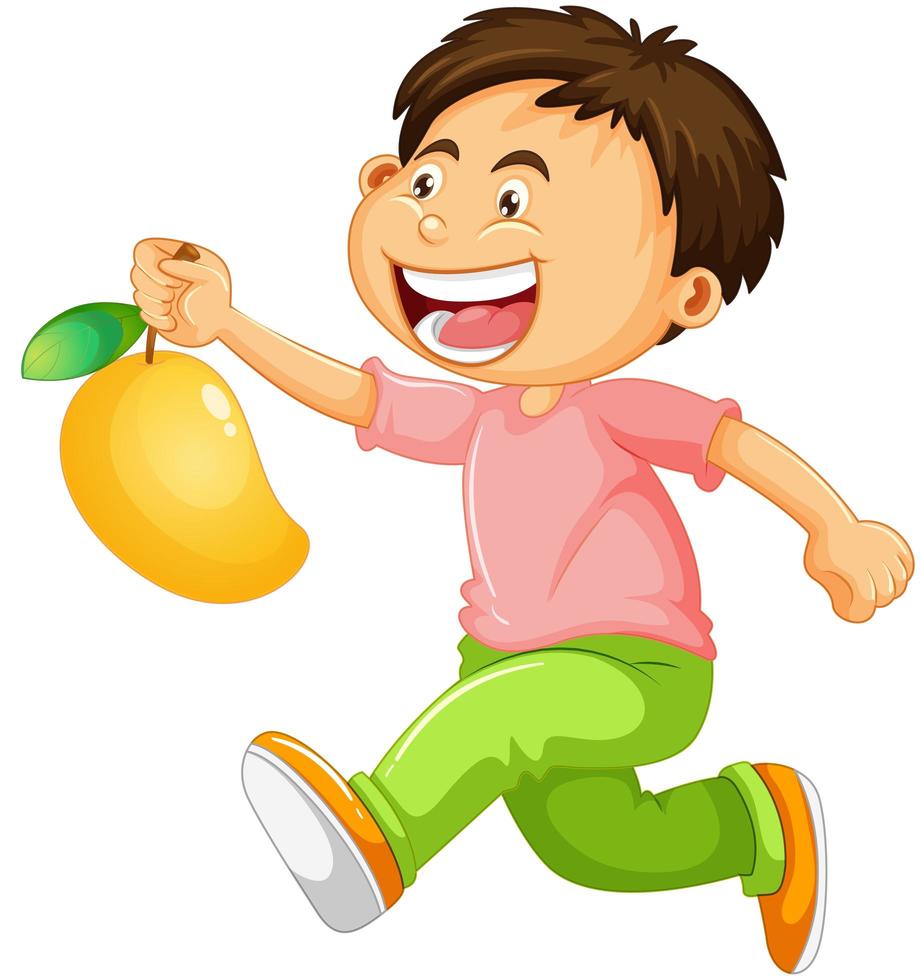 A boy holding mango fruit cartoon character isolated on white background vector