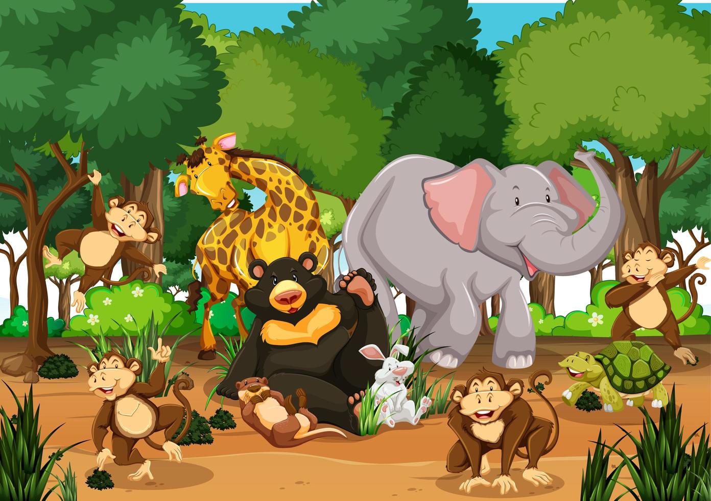 Many different animals in the forest scene vector