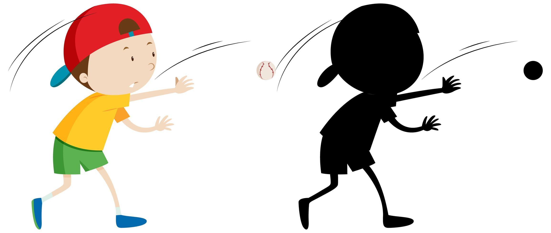 Boy playing baseball with its silhouette vector