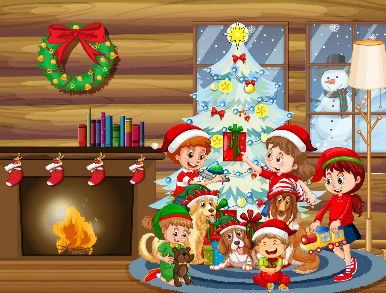escena interior navideña con muchos niños y perros lindos vector