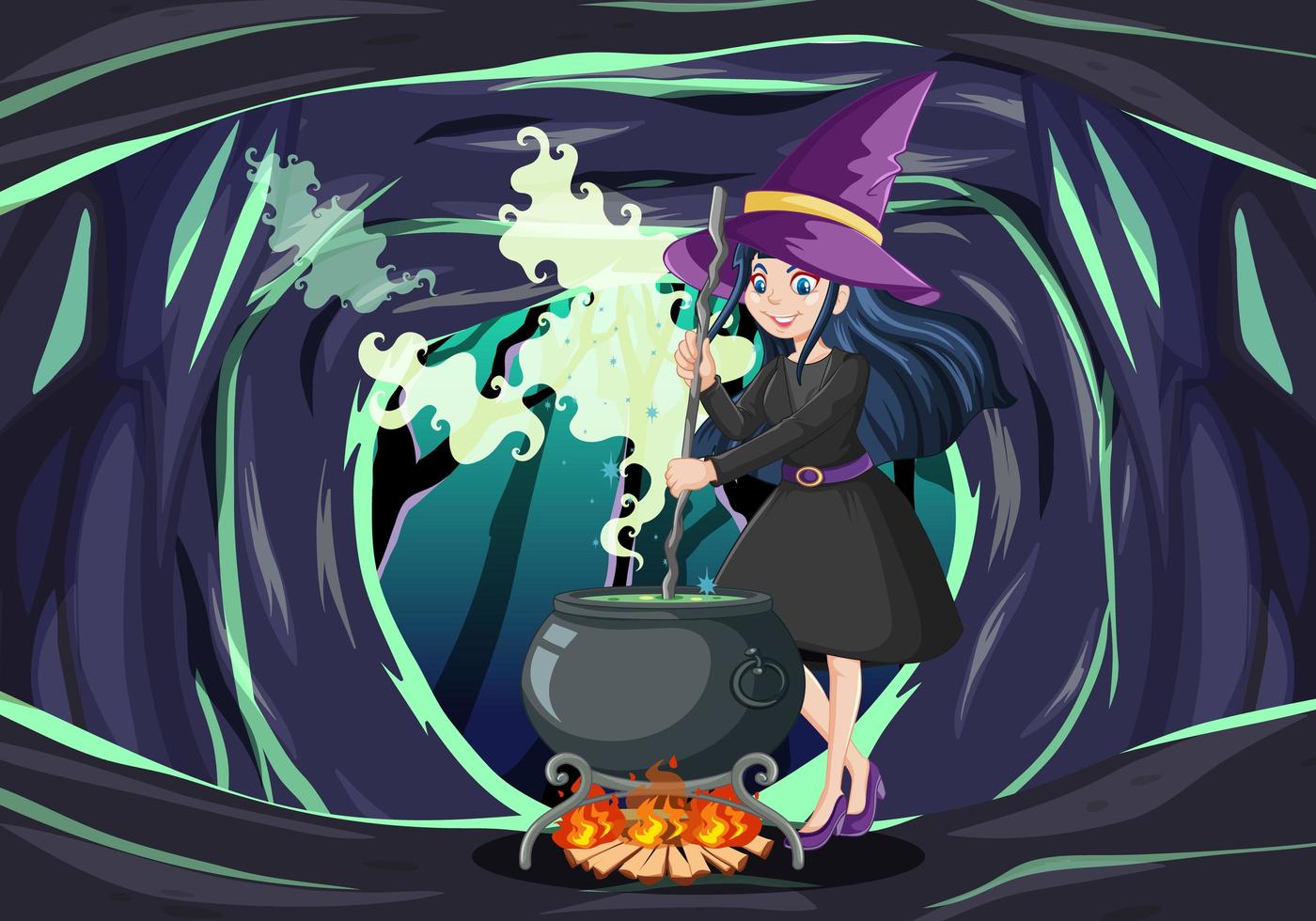 Wizard or witch with magic pot on dark cave background vector