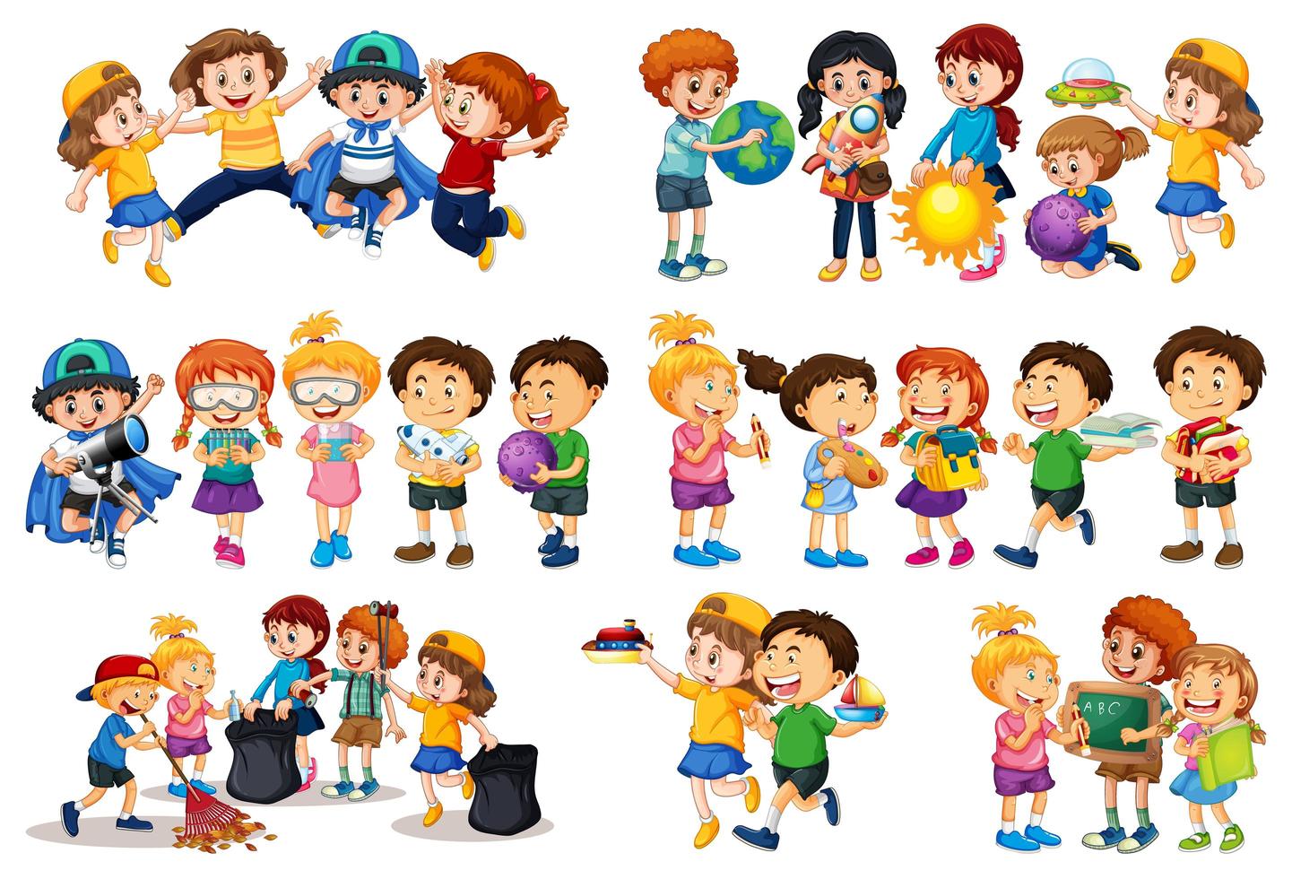 Set of different kid playing with their toys cartoon character isolated on white background vector