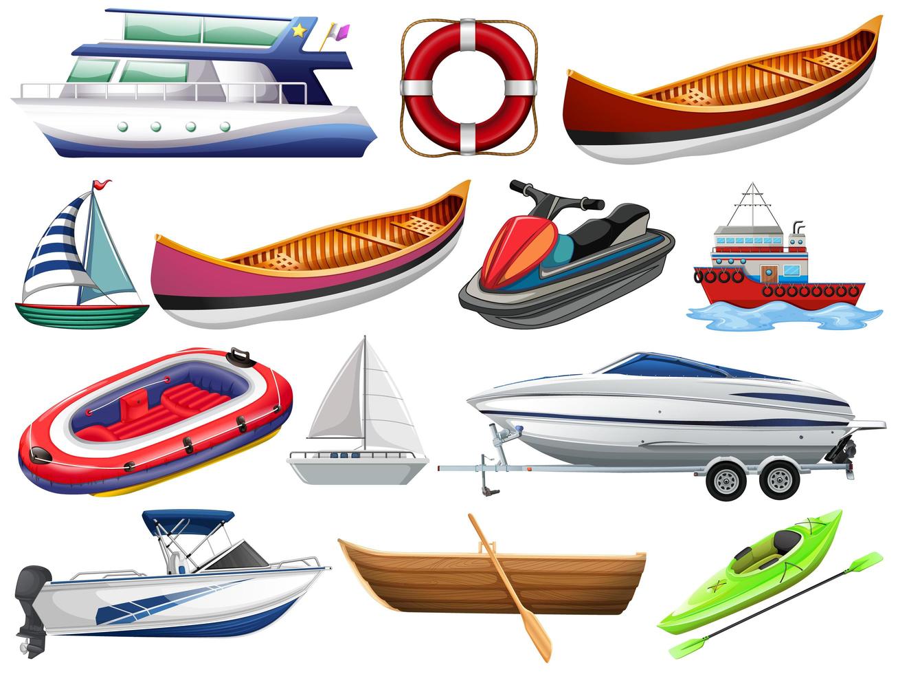 Conjunto de diferentes tipos de barcos y barcos aislado sobre fondo blanco. vector