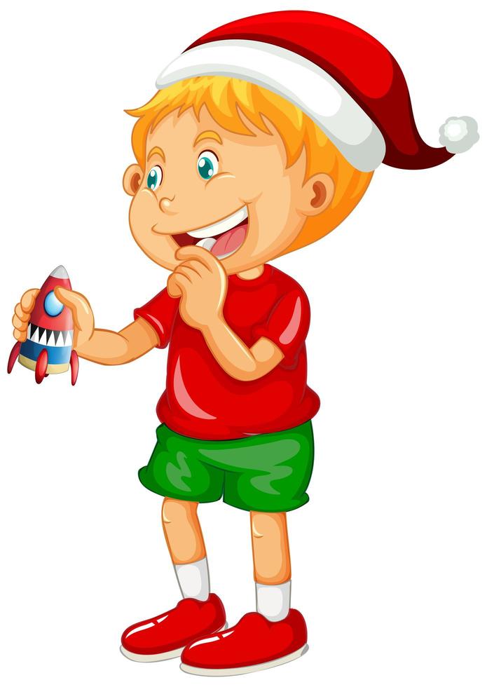 Cute boy wearing Christmas hat and playing with his toy on white background vector