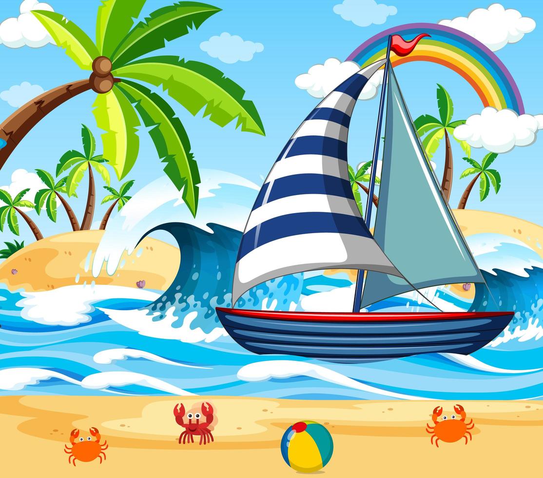 escena de playa con un velero. vector