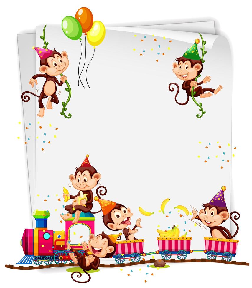 Banner en blanco con muchos monos en tema de fiesta. vector